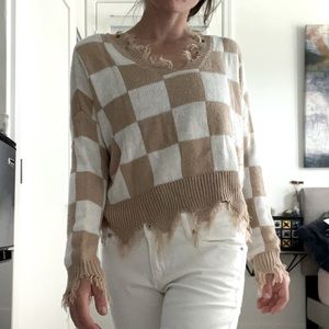 Just Polly Tan & White Checkered Sweater with Frayed hem